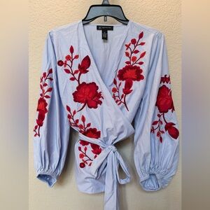INC International Concepts Striped Blouse with Red Embroidery